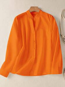 女士纯色V领纽扣衬衫 - 长袖休闲优雅衬衫，带口袋设计，适合度假、旅行和日常穿着，四季必备单品，春季必备 - 橘色 - 查看 7