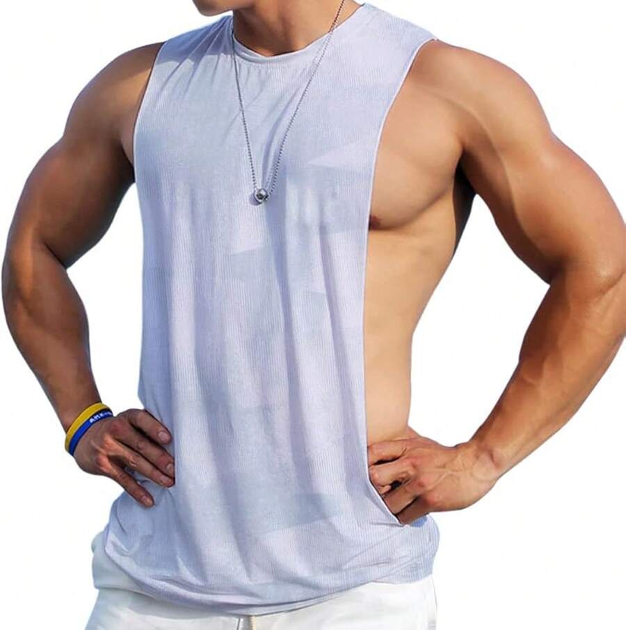 Men's Sleeveless Muscle Stringer Tank Top Cut Open Gym Training Bodybuilding Vest Shirts-2025 - 灰色的 - 查看 1