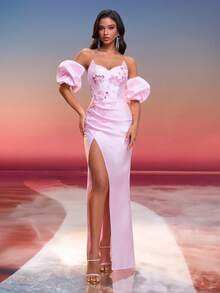 Women's Floral Embellished Off-Shoulder Dress - Pink - View 7