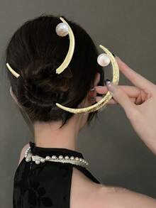 2个装女士仿珍珠云朵花纹新月形发夹，优雅简约时尚美学金属发饰，适用于发髻、发髻、中式汉服、学生用品、仿珍珠发饰、婚礼用品、头部饰品 - 銀色 - 查看 3