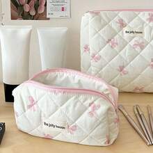 Bộ 3 túi đựng mỹ phẩm nơ tối giản, phong cách Hàn Quốc, dung tích lớn, tiện dụng, thích hợp cho du lịch, túi đựng đồ dùng cần thiết khi đi du lịch ngoài trời, kỳ nghỉ học, đồ dùng học tập cho ngày lễ trở lại trường, túi đựng đồ trang điểm du lịch cho nữ - Hồng - Xem 2