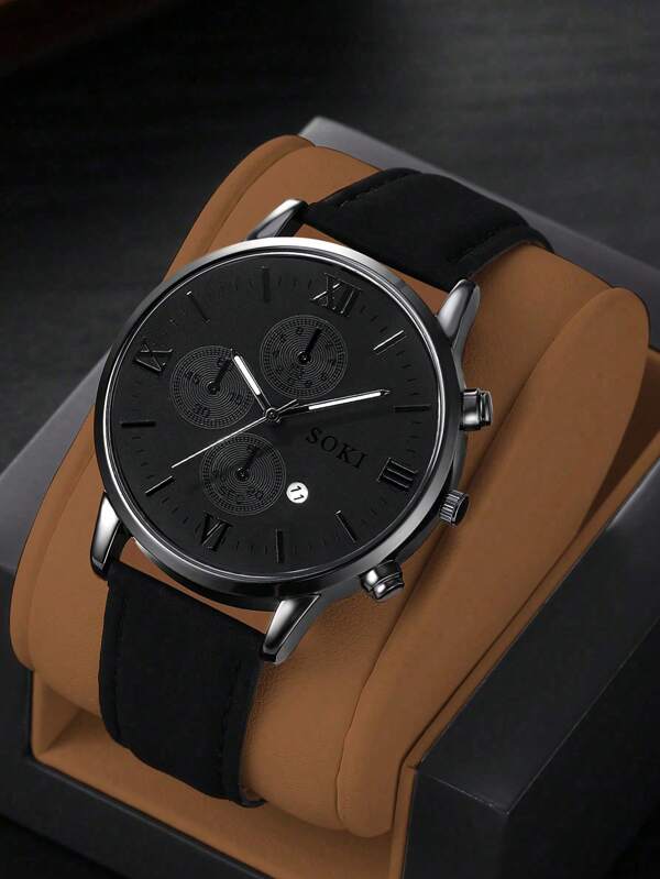 Men's Watch 1pc Calendar Feature Stylish Round Dial Quartz Watch Pu Strap Suitable For Daily Wear, Back-To-School Season, Graduation Season, Thanksgiving, Couples, The Best Gifts Watch Box Not Included