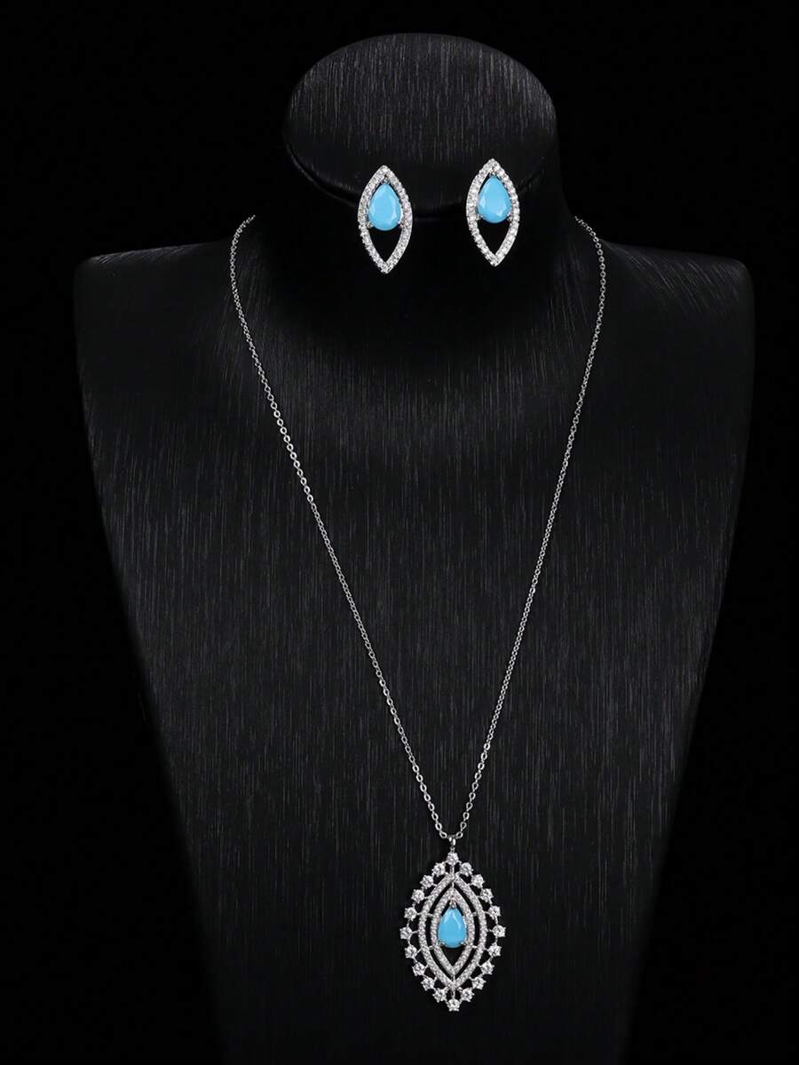 2pcs Jewelry Set, Fashionable Elegant Unique Eye-Shaped Pendant Necklace And Earrings Suit, Suitable For Party, Banquet, Women's Festival Gift, Anniversary Gift For Wife - earrings necklace set - View 1