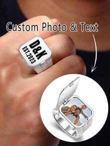 1 pieza Anillo de sello con foto grabada personalizada | Anillo colgante con foto personalizada | Regalo conmemorativo para el Día del Padre/Cumpleaños | Anillo con foto de pareja - Multicolor - Ver 1
