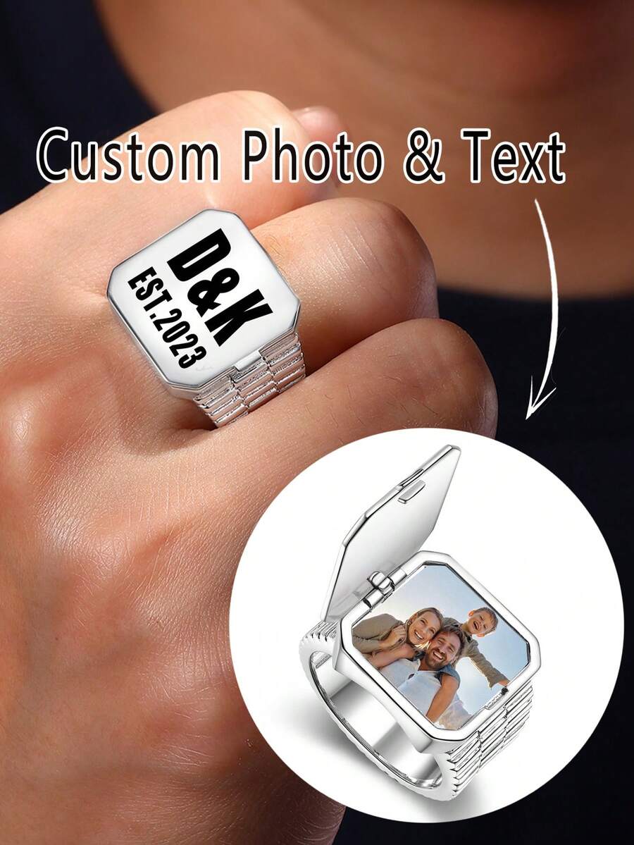 1 pieza Anillo de sello con foto grabada personalizada | Anillo colgante con foto personalizada | Regalo conmemorativo para el Día del Padre/Cumpleaños | Anillo con foto de pareja - Multicolor - Ver 1