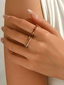 2pcs Red Star Glazed Rings, Vintage Open Finger Rings For Couples & Friends - Red - View 2