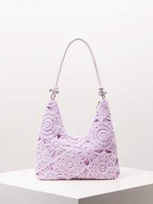 花卉镂空钩针编织单肩包、沙滩包、度假包、钩针套装、女士优雅包包、度假必备品、旅行必备品（图案随机） - 紫色 - 查看 1