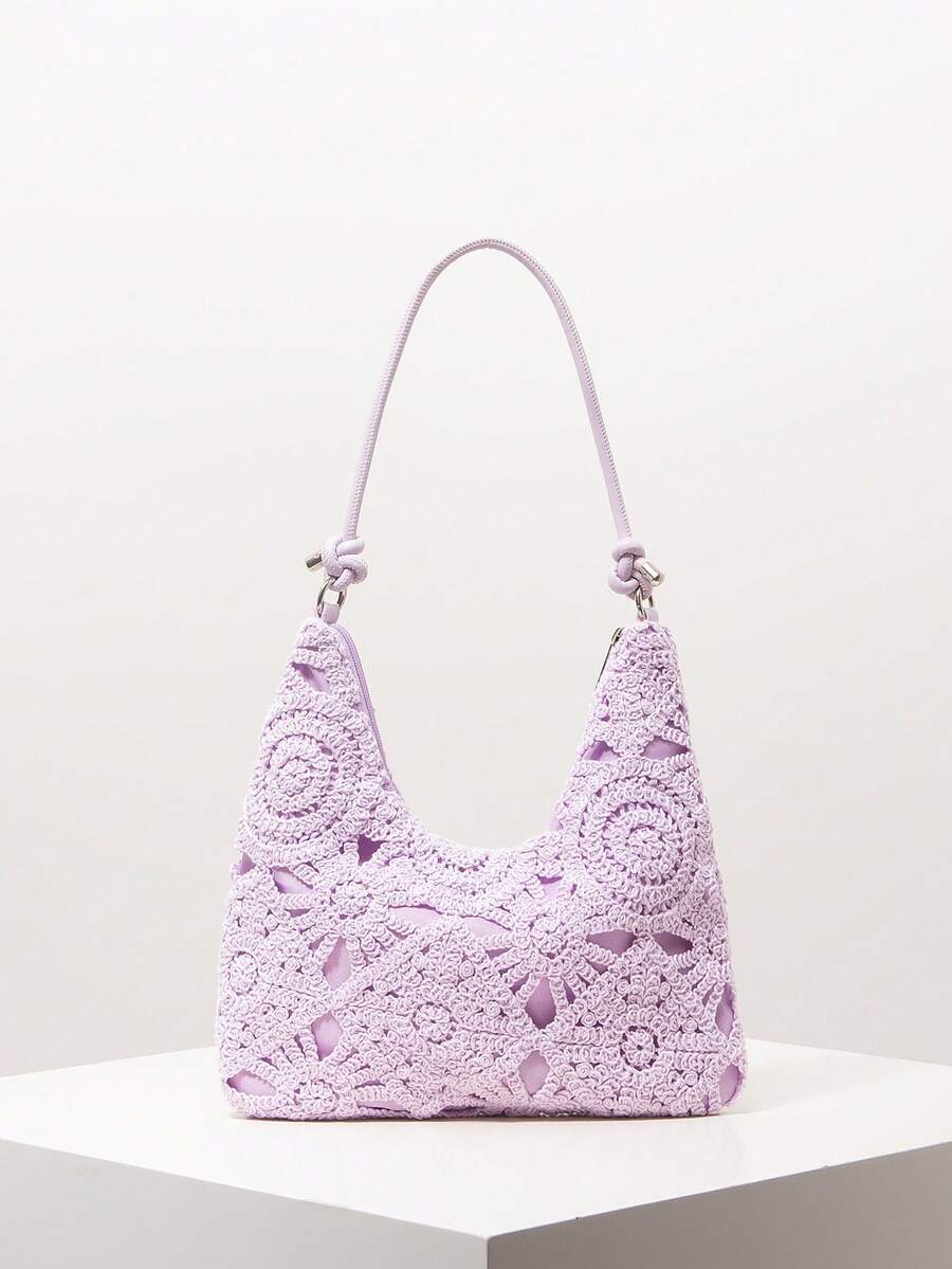 花卉镂空钩针编织单肩包、沙滩包、度假包、钩针套装、女士优雅包包、度假必备品、旅行必备品（图案随机） - 紫色 - 查看 1