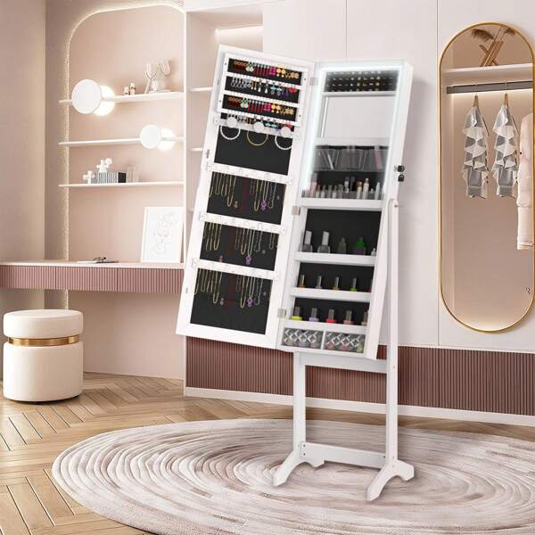 LILIIN Mobiletto portagioie e specchio 2 in 1, con specchio da appoggio, ripiano regolabile per gioielli, 152 x 39,5 x 36,5 cm, con serratura, specchio a figura intera, bianco/nero