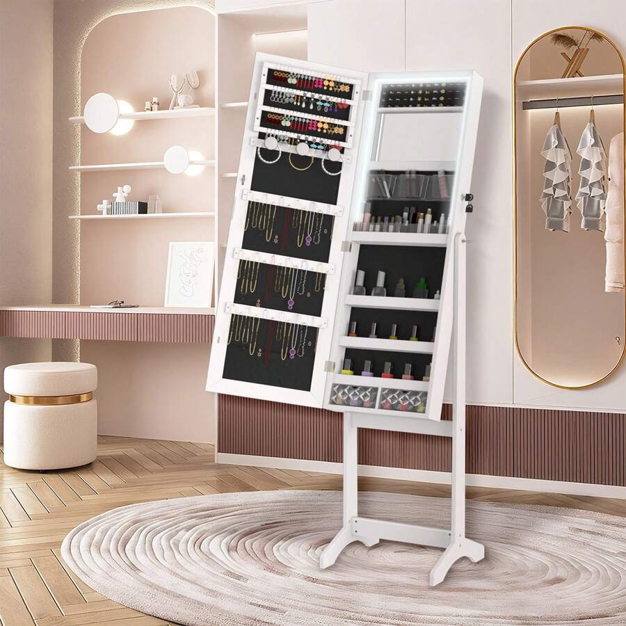 LILIIN Mobiletto portagioie e specchio 2 in 1, con specchio da appoggio, ripiano regolabile per gioielli, 152 x 39,5 x 36,5 cm, con serratura, specchio a figura intera, bianco/nero