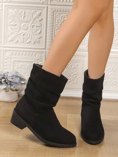 2025 Autumn/Winter New Elastic Boots Women Chunky Heel Slim Leg Low Heel Boots Women Mid-Calf Ankle Boots Women