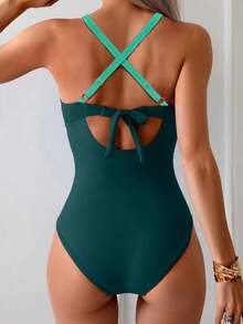 女士连体泳衣，收腹塑形，交叉露背V领显瘦泳装 - 蘋果綠 - 查看 2