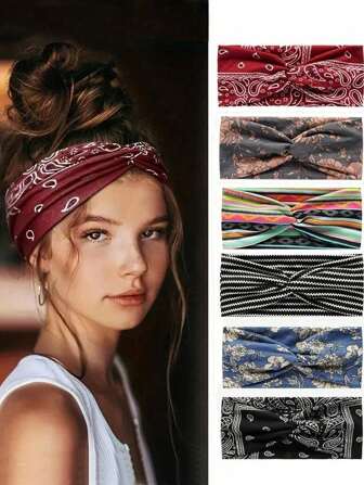6 pièces/set Bandeau de yoga style européen et américain chic avec imprimé croix, bandeau élastique pour accessoires de cheveux