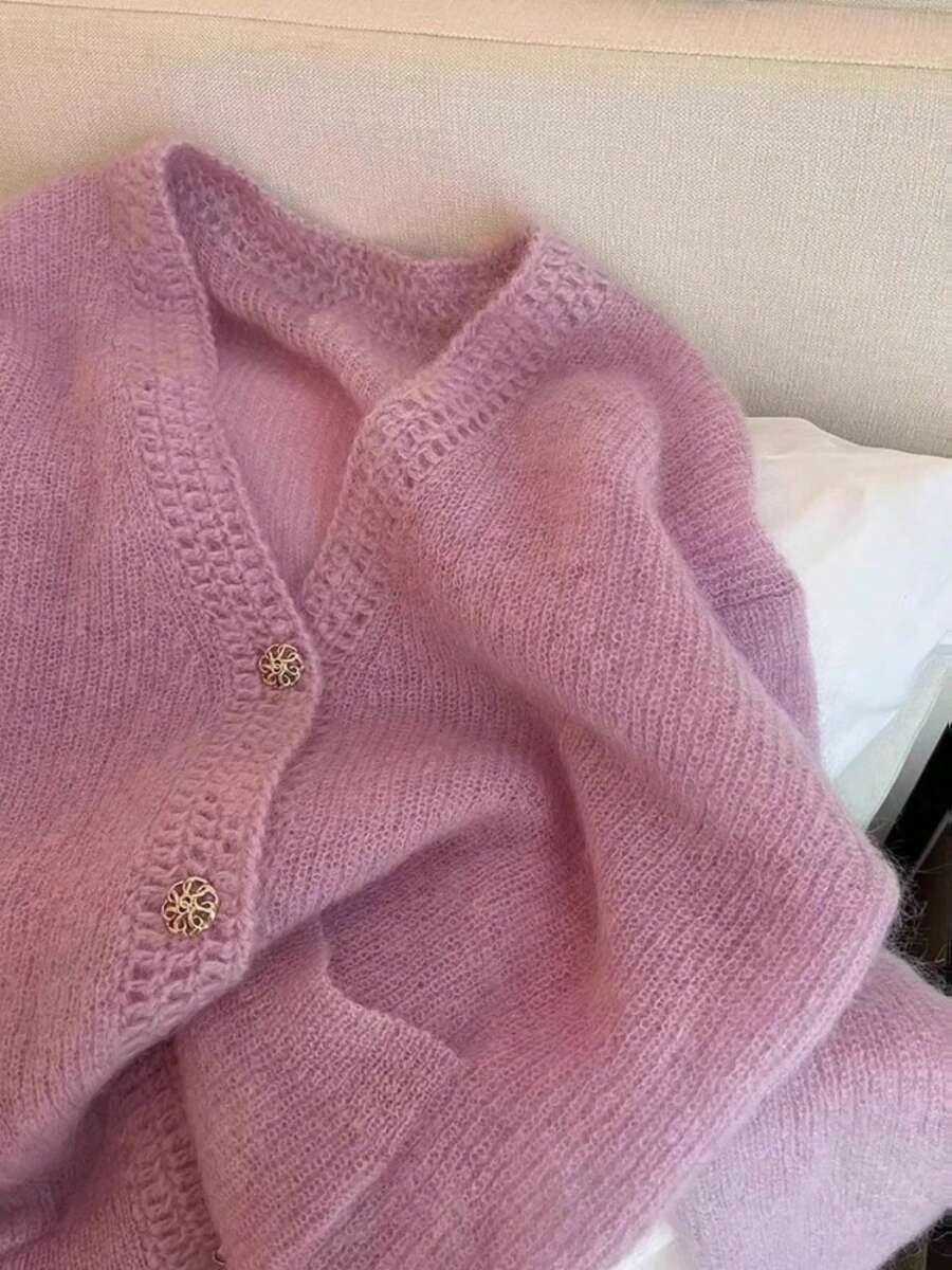 Casual Mohair Solid Color Knit Front Button Hollow Long Sleeve Sweater, Suitable For Everyday And Dates In Spring/Autumn - Purple - View 1