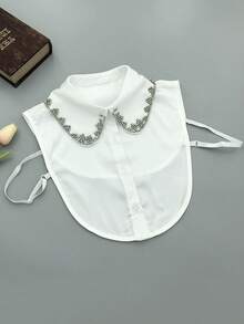 1 Áo nỉ chui đầu cổ cao nhiều lớp thêu ren hạt đen trắng đa năng dành cho nữ - trắng - Xem 5