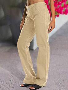 Women's High Waist Wide Leg Flare Denim Jeans, Crafted From Stretch Cotton - Rich Denim, Featuring Double - Button Closure, Patch Pockets, Gradual Flared Hem, For Retro - Inspired Casual Chic