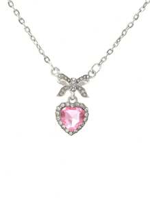 1pc Pink Zirconia Heart & Bow Tie Pendant Necklace, Sweet & Chic Clavicle Chain For Women