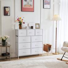 Fabric Storage Dresser With 9 Drawers, Steel Frame And Wooden Top For Bedroom, Closet And Entryway , White