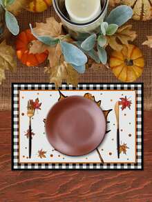 1pc/2pcs/4pcs/600pcs Thanksgiving Pumpkin & Maple Leaf Polyester Placemats - White Base With Black & White Bordered Frame, Paired With Orange Pumpkin And Maple Leaf Patterns, Accentuating Autumn Colors And Holiday Ambiance, Suitable For Thanksgiving Gatherings, Home Dining, Kitchen Decor And More - Multicolor - View 7