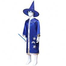 儿童魔术师COS斗篷巫师斗篷+尖顶帽套装，星形印花，透气万圣节派对服装，男女皆宜 - 彩色 - 查看 8