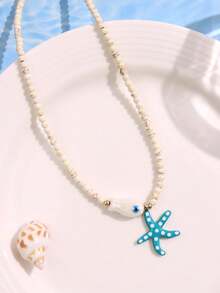 1 件波西米亚风格彩色串珠不锈钢油滴海星和鱼吊坠项链，简约优雅的海滩度假珠宝，多功能海洋主题配饰 - 彩色 - 查看 17