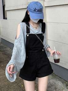 純色休閒拉鍊口袋鈕扣鉚釘裝飾女款牛仔吊褲黑色夏季 - 黑色 - 查看 1