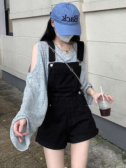 Quần short denim yếm có khóa kéo màu trơn đơn giản dành cho nữ, thích hợp cho các buổi hẹn hò, mọi mùa