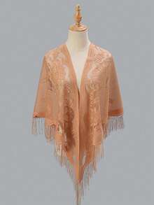 1 pieza Nuevo chal de encaje con flecos para mujer, pañuelo triangular de unicolor, ligero y transpirable, accesorio para vestido para boda, fiesta y dama de honor - Blanco - Ver 3