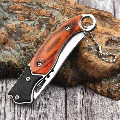 Navaja de bolsillo color cafe, navaja plegable de acero inoxidable con mango de madera para exteriores, alta dureza, antideslizante, portátil, para acampar herramientad de camping