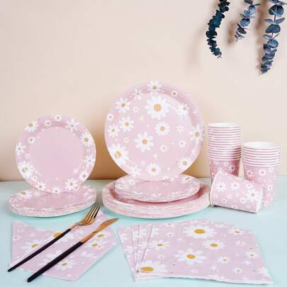 80/68/10/套，派对用品，以粉色花朵、向日葵和雏菊为主题，包含一次性派对餐盘和餐巾纸。套装包含7英寸餐盘、9英寸餐盘、杯子和餐巾纸。适合16人使用，可用于野餐、生日派对、露营、装饰和庆祝活动。也可作为派对礼物、草坪婚礼、新娘送礼会、草坪婚礼以及厨房和餐厅装饰。