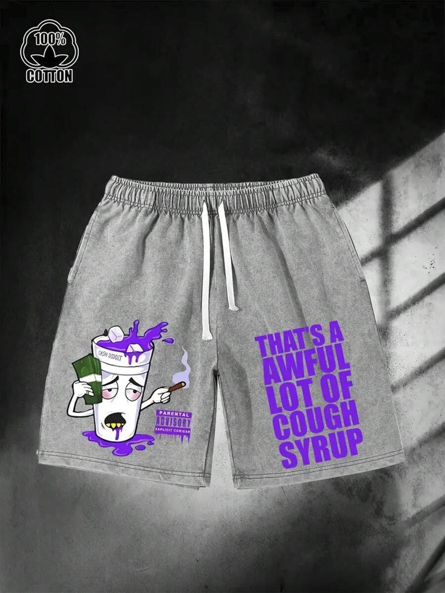290g Washed Shorts, Purple Cough Syrup Double-Sided Printed Summer Men's Retro Washed Casual Street Sports Shorts, Comfortable And Breathable, Suitable For Daily Wear, Adjustable Drawstring Waist Circumference, Elastic Waistband And Pocket - Xám - Xem 1