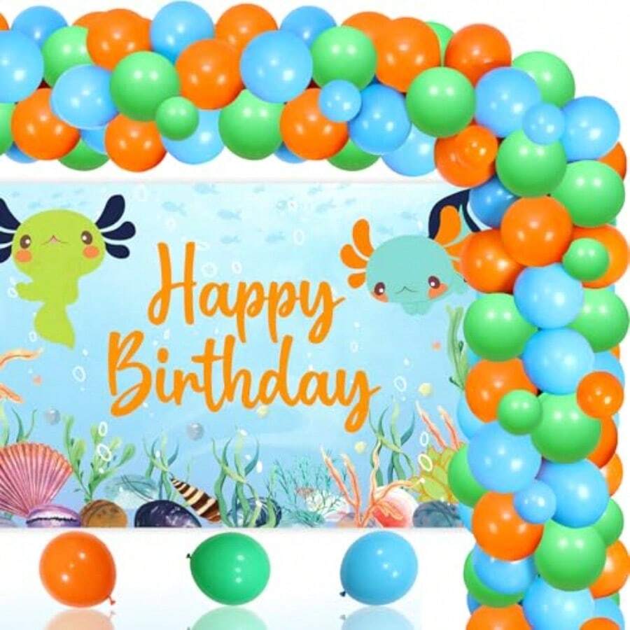 Axolotl Theme Birthday Party Decorations Green Axolotl Ocean Happy Birthday Photograph Backdrop Background Cloth Balloon Garland Arch Kit For Boys Girls Axolotl Theme Birthday Party Decor Supplies - Xanh lá câyCamXanh dương - Xem 1