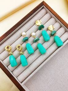 1对女士时尚波西米亚几何夏季金色螺旋花朵同心圆熔岩树叶仿珍珠树脂吊坠耳环 - drop earrings B - 查看 1