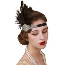 20 世纪 20 年代带羽毛的轻佻女郎头饰、咆哮的 20 年代向日葵羽毛头带、20 世纪 20 年代服装配饰、天然羽毛万圣节 - 彩色 - 查看 3