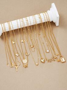 11pcs/12pcs Set Elegant Vintage Minimalist Star, Moon, Golden Heart, Bowknot Necklaces For Women, Suitable For Holidays, Parties, Dates, Daily Wear, And As Gifts - 金黃色 - 查看 7