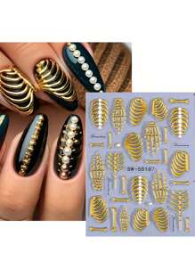 3D骷髅美甲贴纸，万圣节美甲贴纸，浮雕自粘骷髅骨头图案，哑光塑料美甲贴纸，DIY美甲装饰，奇幻主题美甲，浮雕骷髅图案装饰，骷髅手，万圣节白骨爪美甲装饰贴纸 - 彩色 - 查看 4