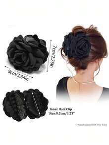 3件套女士纯色布艺大号多层玫瑰花发夹，优雅大号发爪，适合打造优雅、甜美、时尚的校园、派对、婚礼、日常佩戴的发饰，精致的发夹，适合上学、大学秋季、冬季、度假、夏季海滩度假等各种场合，是必备单品。 - 黑色+紅色+酒紅色 - 查看 3