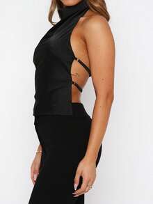 Women Halter Neck Satin Tank Tops Open Back Crop Tops High Mock Neck Cami Summer Going Out Cami Tops - 黑色 - 查看 2