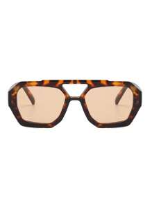 复古方形高端时尚眼镜，时尚经典装饰海洋镜片眼镜，适合日常佩戴、户外、旅行、海滩飞行员形状太阳镜 - 豹紋茶 - 查看 5