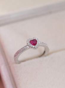 1 件时尚简约甜美紫红色心形锆石女士可调节戒指，银色珠宝礼物，适合送给女朋友、订婚、婚礼、日常佩戴、万圣节、圣诞节