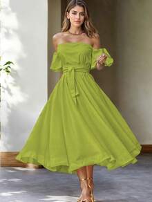 Vestido casual hombros descubiertos manga farol cinturón ajustable para mujer - Kiwi I - Ver 2