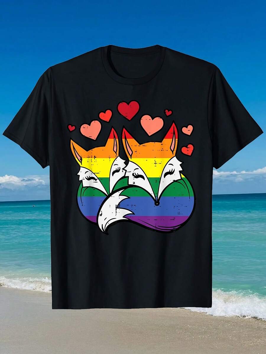 Gay Pride Foxes Heart Cute Rainbow Flag Lgbtq Men Women T-Shirt Summer Outfits For Women Camisetas - 黑色12 - 查看 1