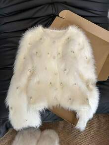 Women's Knitted Cardigan, Elegant Cashmere Blend Solid Color Ribbed Pearl Decor, Everyday Wear, Autumn/Winter