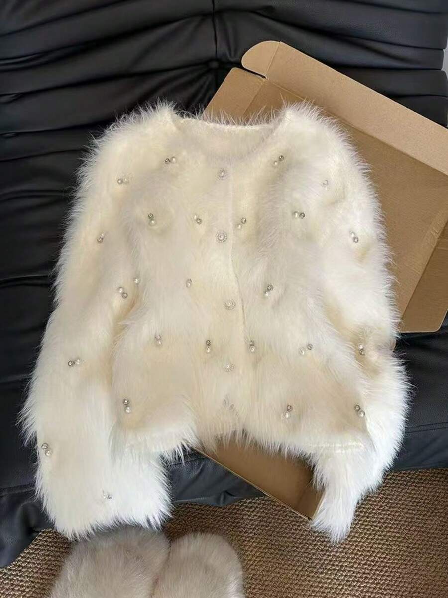 Women's Knitted Cardigan, Elegant Cashmere Blend Solid Color Ribbed Pearl Decor, Everyday Wear, Autumn/Winter