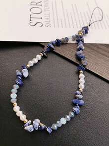 小众设计青金石珍珠手机吊饰，天然石与淡水珍珠混合渐变蓝色，治愈系气质，可作为手机吊坠或挂饰，艺术独特，为日常生活增添美感，充满夏日气息 - 藍色 - 查看 4