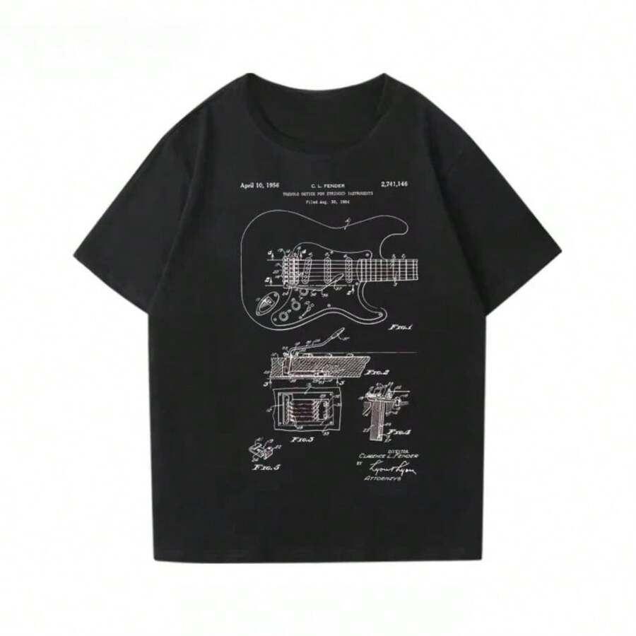 Fenders Electric Guitar Short Sleeved Printed T-Shirt For Boys, Guitarist Performance Outfit, Rock Band Pure Cotton - màu đen - Xem 1