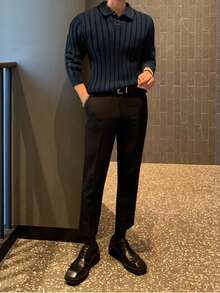 1pc Teen Boys' Simple Solid Color Comfortable Casual Outdoor Half-Placket Ribbed Knit Sweater, Thick For Autumn/Winter - Black - View 3