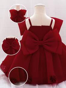 Baby Girls' Spaghetti Strap Bow Organza Cute Flower Girl Princess Dress, Suitable For 1st Birthday, Wedding, Party, Excluding Hair Accessories - 酒紅色 - 查看 5
