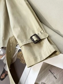 FGGG Double-Breasted Shoulder Strap Women's Khaki Short Trench Coat Autumn Winter Belted Waist British Commuter Style Office Party And Streetwear Women's Jacket