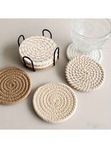 Posavasos redondos tejidos de 4/8 pulgadas, posavasos de tela absorbente, juego de posavasos tejidos a mano con bandeja, estilo bohemio, sin soporte - Multicolor - Ver 2